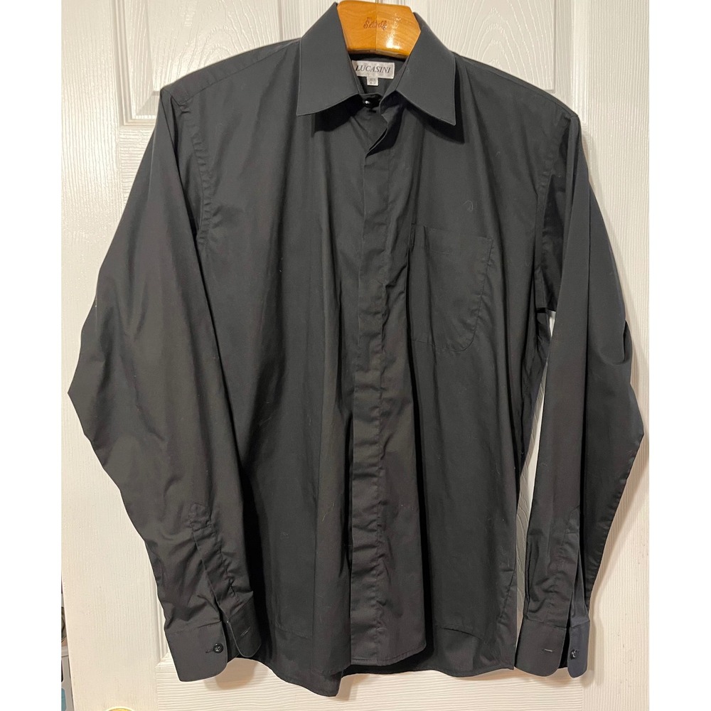 Lucasini Mens Black Long Sleeve Hidden Button Down Dress Shirt 16.5 36-37‎